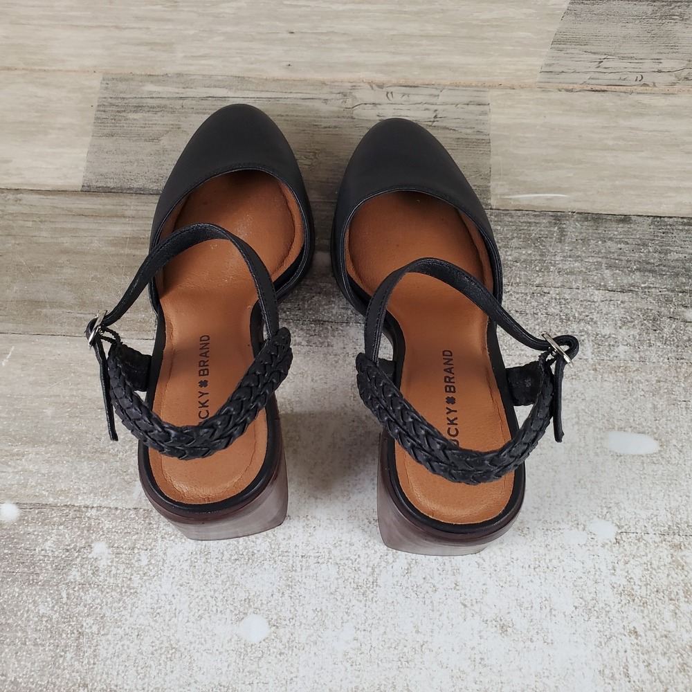 Lucky Brand Ravynna Women Pumps Sz 6.5 M Black Ankle Strap Block Heel Almond Toe - Picture 4 of 10
